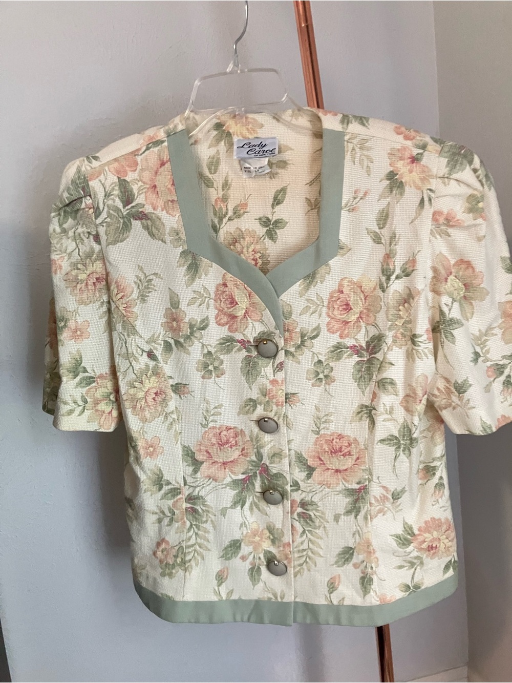 Vintage 80s Lady Carol Floral Puff Sleeve Blouse Sage Green and Cream - size 14